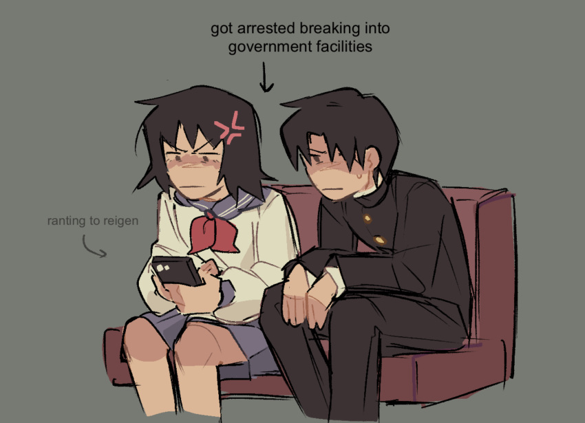 1boy, 1girl, anger_vein, black_hair, black_jacket, black_pants, brown_eyes, cellphone