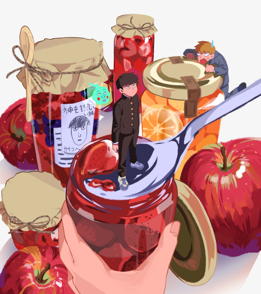 3boys, absurdres, black_eyes, black_hair, black_pants, blonde_hair, bowl_cut, ekubo_(mob_psycho_100)
