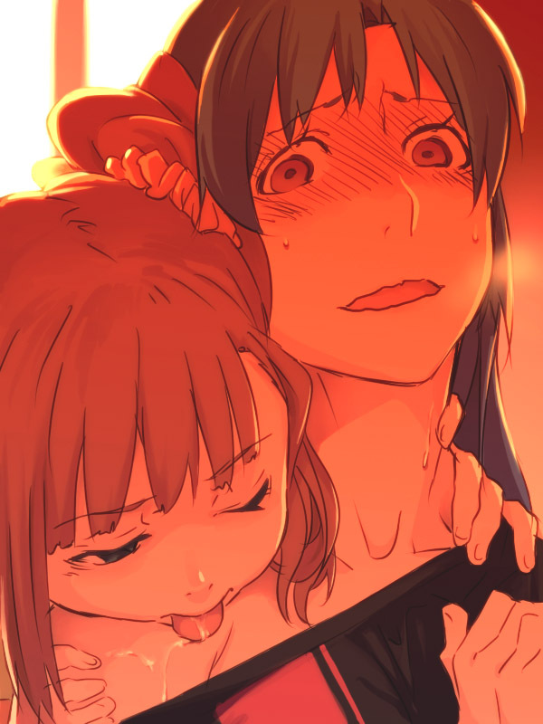 blue_hair, brown_hair, grab, hand_on_shoulder, hands, idolmaster, kisaragi_chihaya, licking
