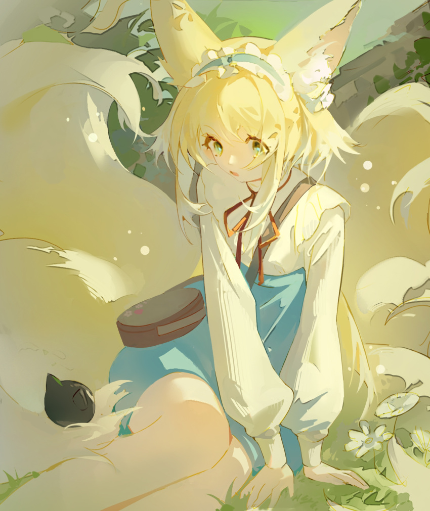 animal_ear_fluff, animal_ears, arknights, bag, baofandxy, black_cat, blonde_hair, blue_hairband