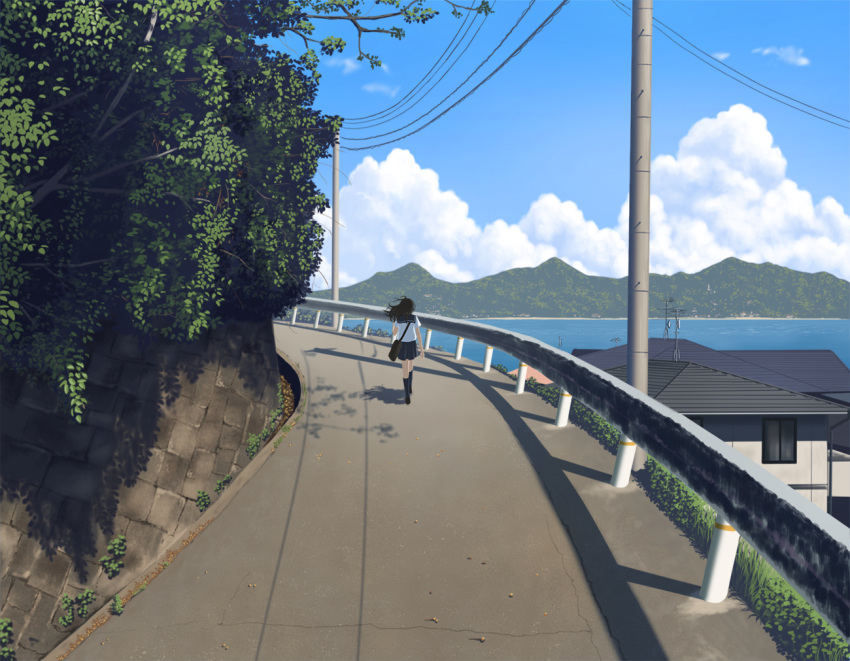 1girl, bag, black_hair, blue_sky, clouds, doora_(dora0913), floating_hair, hiroshima