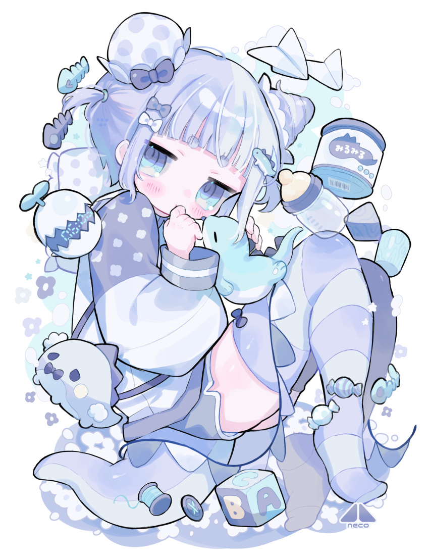 1girl, :t, absurdres, alarm_clock, baby_bottle, block, blue_bow, blue_eyes