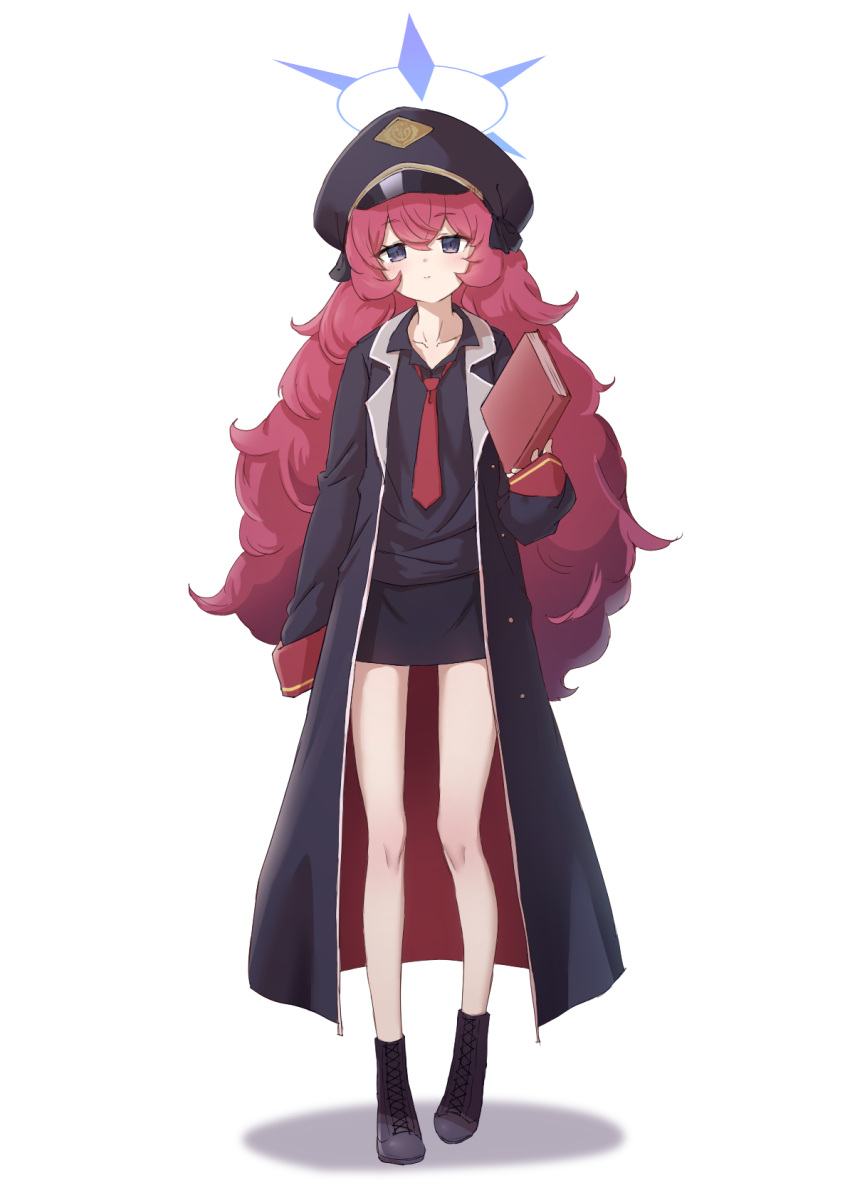 1girl, black_coat, black_skirt, blue_archive, book, bow, coat, collarbone