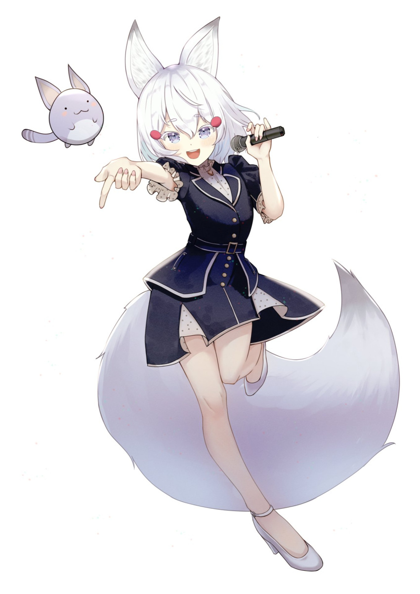 1girl, alternate_costume, animal_ears, belt, blue_dress, blue_eyes, blue_jacket, commission