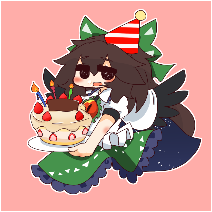 1girl, birthday_cake, black_wings, bow, brown_hair, cake, candle, cape