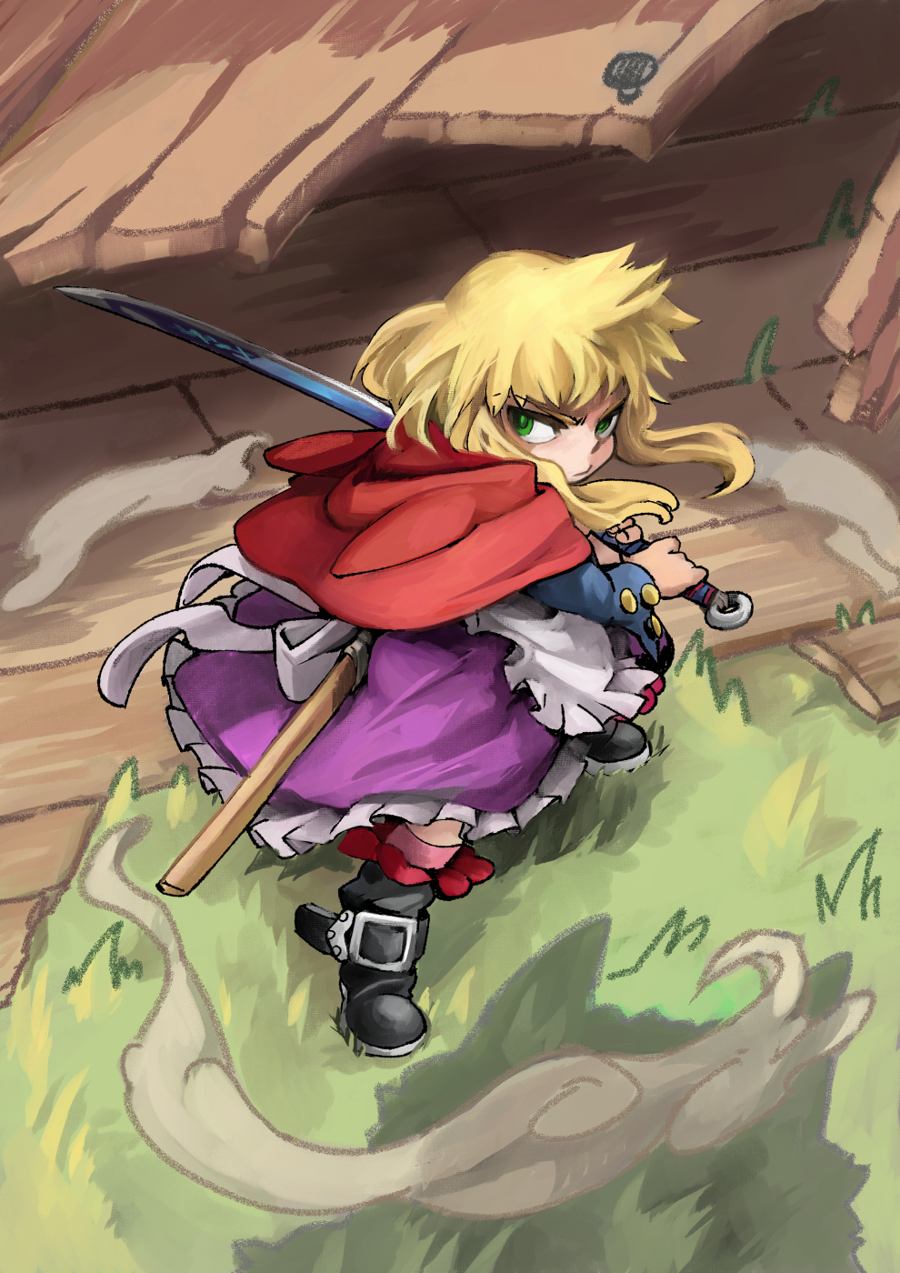 1girl, apron, battoujutsu_stance, belt_boots, black_footwear, blonde_hair, boots, buckle