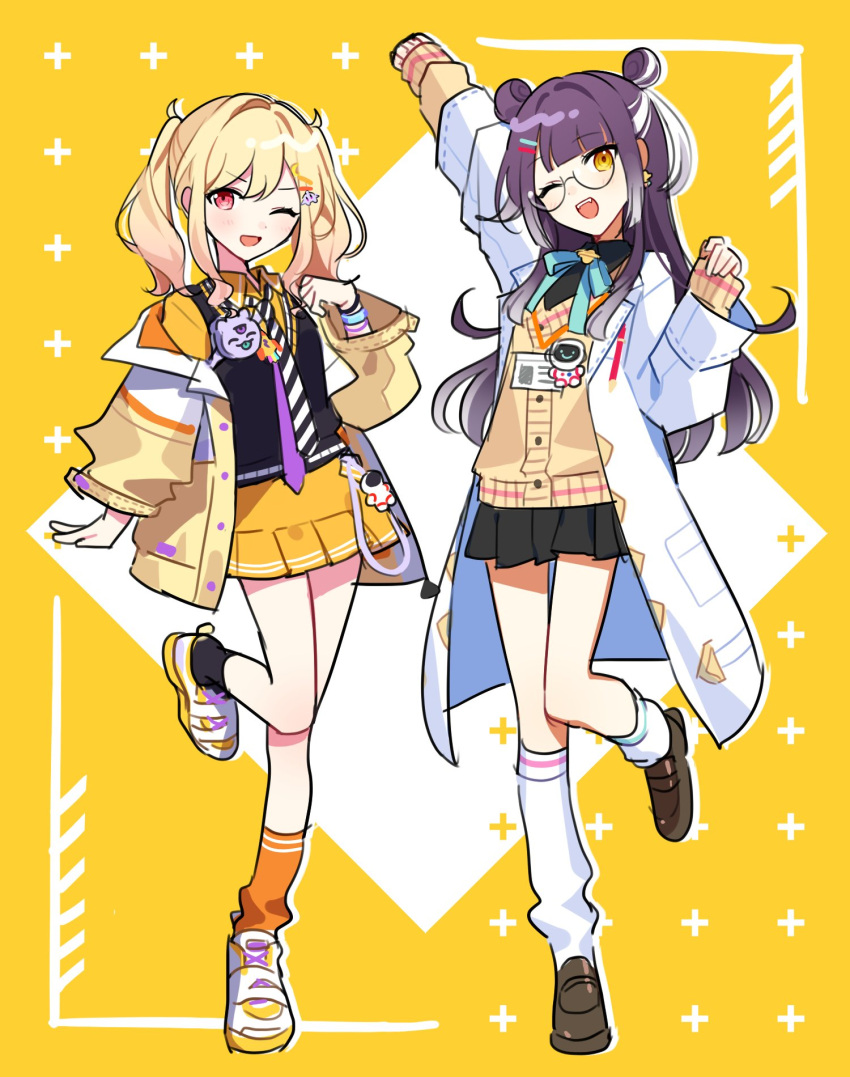 2girls, :d, arm_up, asymmetrical_legwear, black_dress, black_socks, black_sweater_vest, blonde_hair, blue_bow, blue_bowtie, bow, bowtie, brown_footwear, cardigan, coat, collared_dress, cosplay, costume_switch, double_bun, dress, full_body, glasses, hair_bun, highres, id_card, lab_coat, loafers, long_sleeves, loose_socks, mismatched_legwear, multicolored_hair, multiple_girls, necktie, nijisanji, off_shoulder, one_eye_closed, open_mouth, orange_socks, pink_eyes, project_sekai, purple_hair, shoes, smile, sneakers, socks, standing, standing_on_one_leg, streaked_hair, striped_necktie, sweater_vest, tenma_saki, tenma_saki_(cosplay), twintails, umise_yotsuha, umise_yotsuha_(cosplay), virtual_youtuber, waka_(wk4444), white_coat, white_footwear, white_hair, white_socks, yellow_background, yellow_cardigan, yellow_dress
