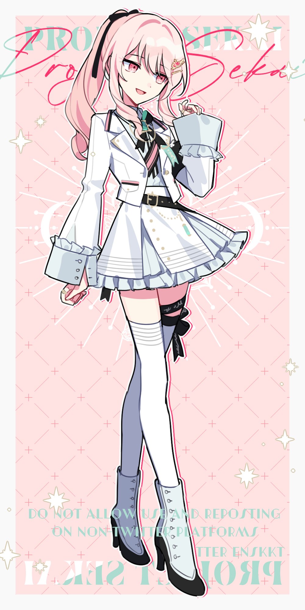 1other, akiyama_mizuki, androgynous, black_bow, black_bowtie, black_ribbon, blue_shirt, boots, bow, bowtie, crown_hair_ornament, empty_eyes, frilled_skirt, frilled_sleeves, frills, full_body, hair_ornament, hair_ribbon, hairclip, high_ponytail, highres, jacket, long_hair, long_sleeves, looking_to_the_side, military_lolita, miniskirt, official_alternate_hairstyle, open_clothes, open_jacket, other_focus, pink_background, pink_eyes, pink_hair, project_sekai, ribbon, shirt, sidelocks, skirt, sleeve_cuffs, solo, thigh-highs, thigh_bow, waka_(wk4444), white_footwear, white_jacket, white_skirt, white_thighhighs