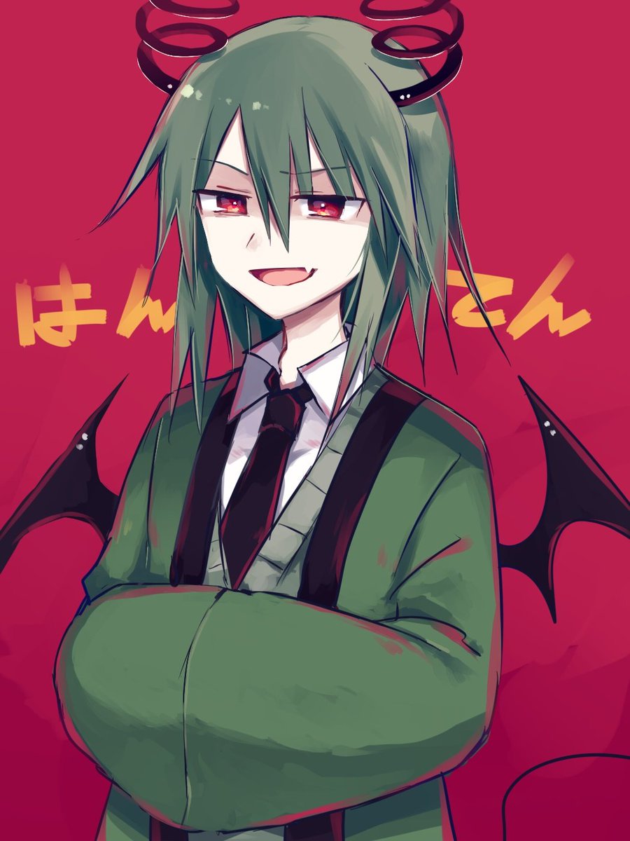 1girl, black_necktie, character_name, collared_shirt, demon_girl, demon_horns, demon_tail, demon_wings, fang, green_hair, green_robe, green_vest, hanten_(sutare_yume), highres, horns, long_sleeves, medium_hair, necktie, open_mouth, red_background, red_eyes, robe, shirt, sleeves_past_fingers, sleeves_past_wrists, smile, solo, sutare_yume, tail, vest, white_shirt, wings, zenryoku_eimin