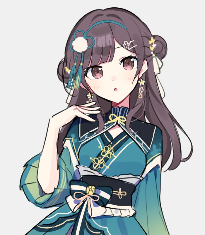 black_sash, blue_bow, blue_dress, blue_hairband, blush, bow, brown_eyes, brown_hair