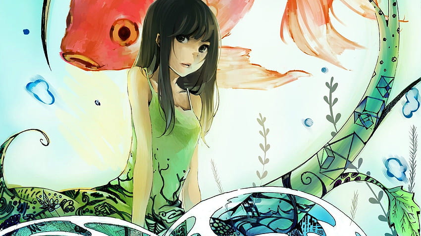 1girl, air_bubble, black_eyes, black_hair, goldfish, green_dress, kelp, looking_at_viewer, underwater, wallpaper