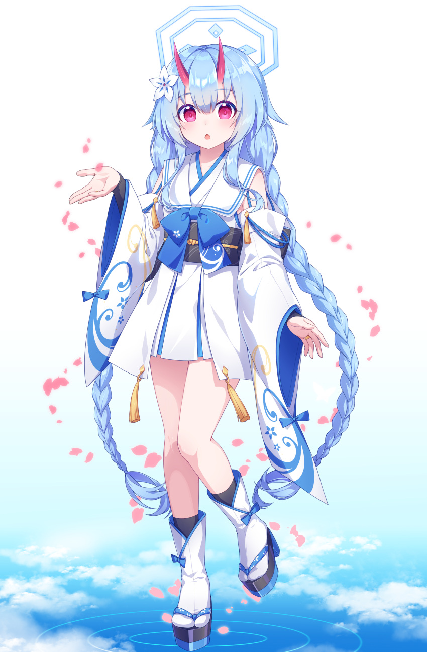 1girl, absurdres, black_footwear, blue_archive, blue_bow, blue_hair, blue_sky, bow