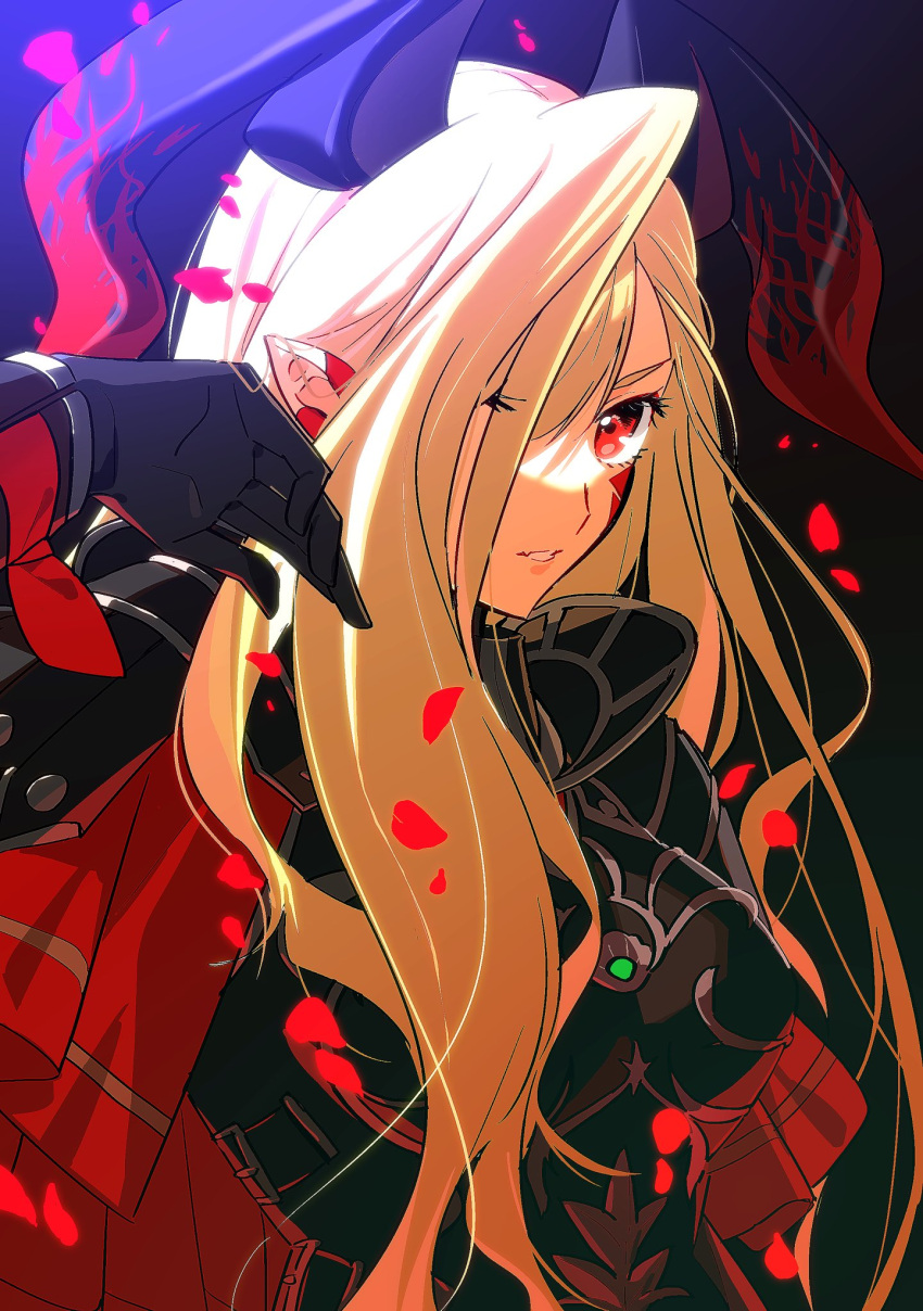 1girl, armor, black_background, blonde_hair, breastplate, cape, chietori, fate/grand_order