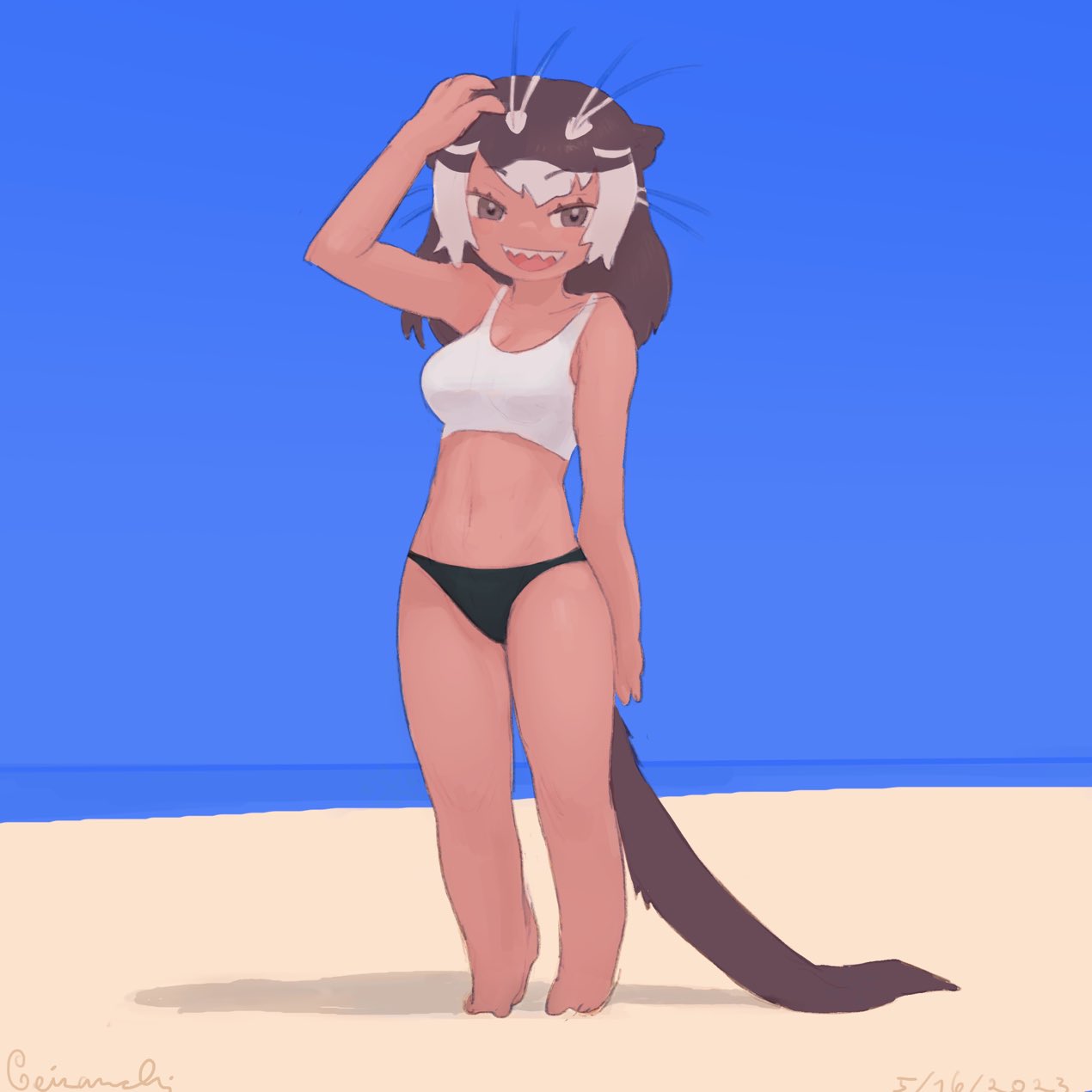 1girl, alternate_costume, animal_ears, bare_arms, bare_legs, bare_shoulders, barefoot, beach