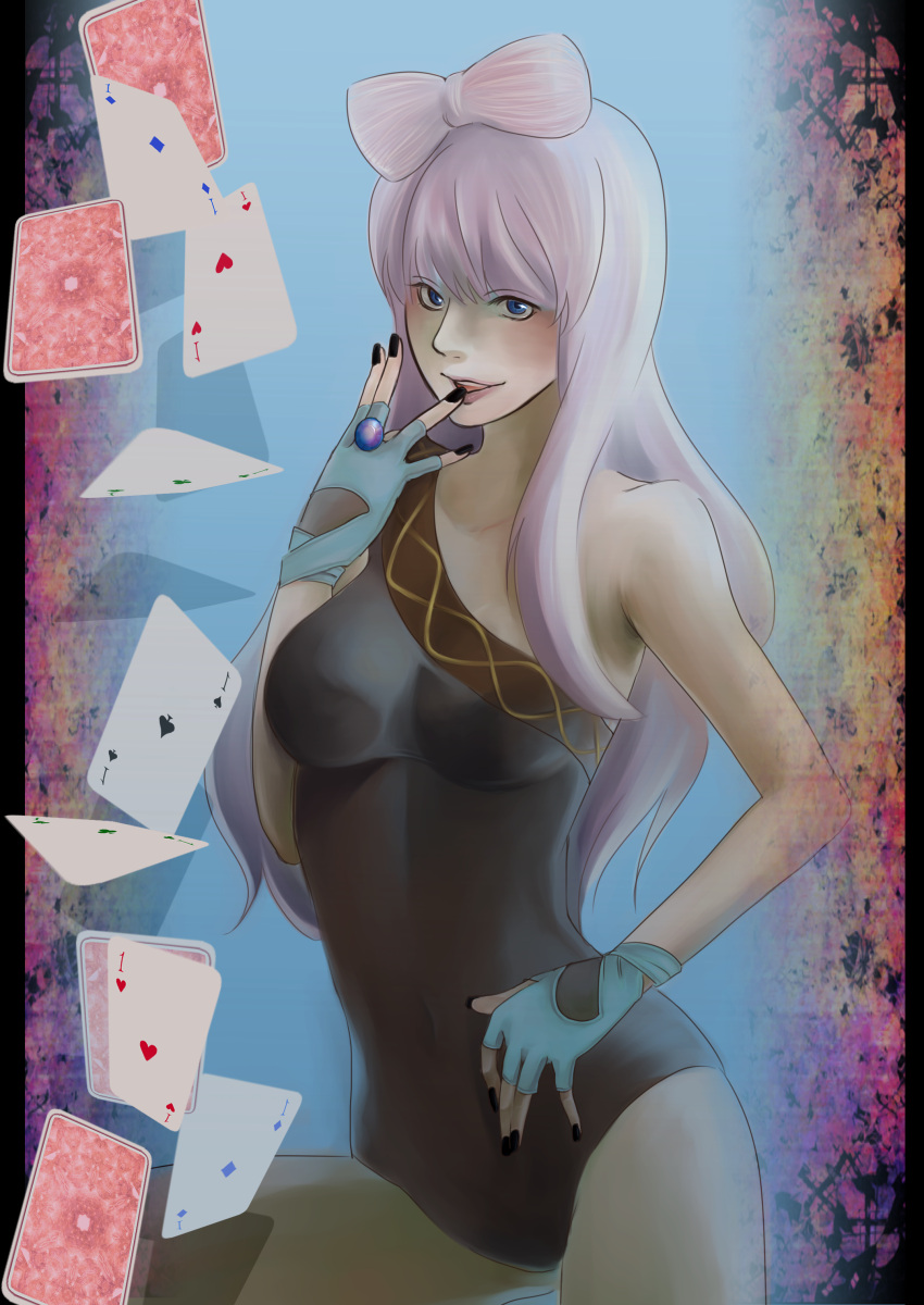 absurdres, asymmetrical_clothing, bare_shoulders, blue_eyes, breasts, cards, fingerless_gloves, gloves