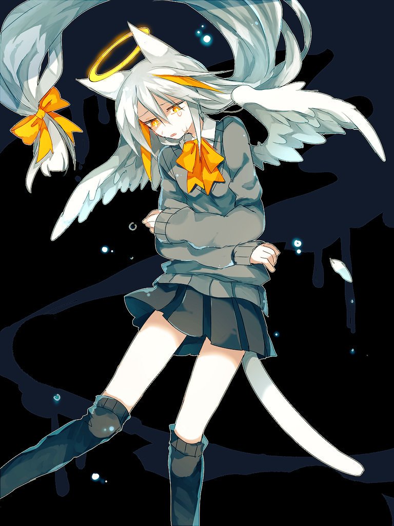 1girl, animal_ears, black_background, black_skirt, black_thighhighs, bow, cat_ears, cat_girl, cat_tail, chlomaki_(wadanohara), crying, crying_with_eyes_open, funamusea, grey_sweater, hair_bow, halo, long_hair, long_sleeves, multicolored_hair, nadine_(funamusea), neck_ribbon, oounabara_to_wadanohara, open_mouth, orange_bow, orange_eyes, orange_hair, ribbon, shirt, skirt, solo, sweater, tail, tears, thigh-highs, white_hair, white_shirt, zenryoku_eimin