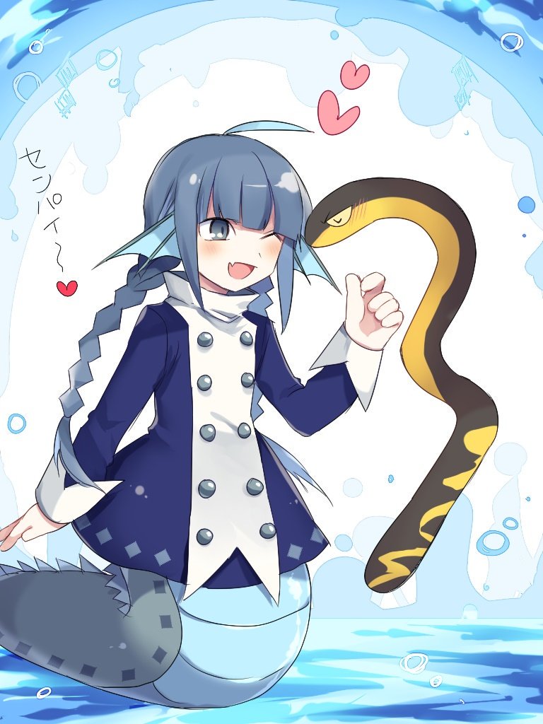 1boy, 1girl, blue_dress, blue_hair, blush, braid, dress, fang