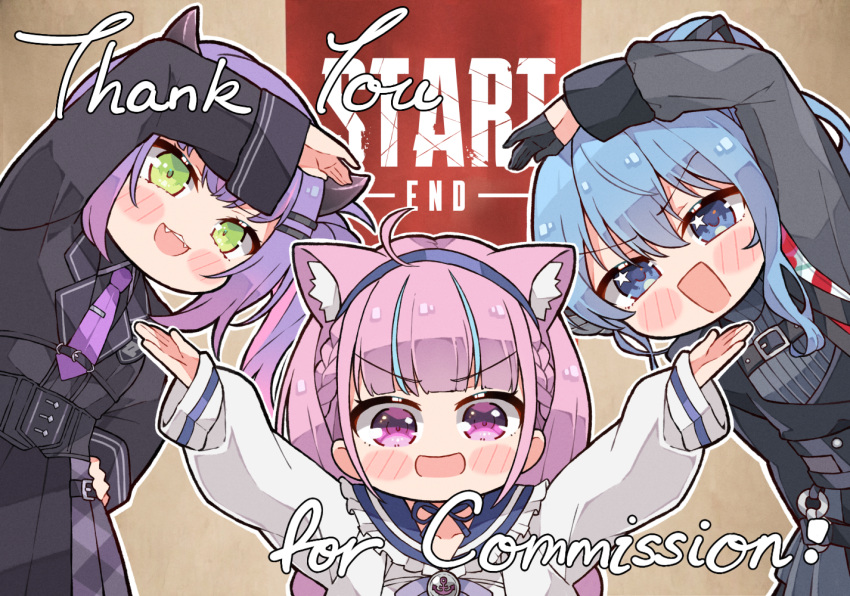 3girls, ahoge, animal_ears, black_gloves, black_shirt, black_skirt, blazer, blue_bow