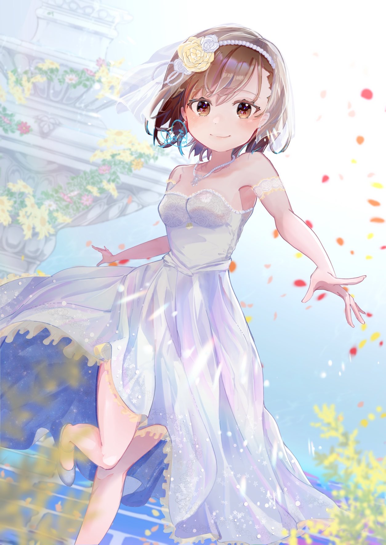 1girl, blush, breasts, bridal_veil, brown_eyes, brown_hair, column, daisy, dress, dutch_angle, falling_petals, flower, flower_wreath, gradient_eyes, hair_flower, hair_ornament, highres, jewelry, knee_up, lace_trim, looking_at_viewer, misaka_mikoto, multicolored_eyes, necklace, outdoors, outstretched_arms, parted_bangs, pearl_hair_ornament, pearl_necklace, petals, pillar, roku3358, rose, short_hair, signature, sleeveless, sleeveless_dress, small_breasts, smile, solo, stairs, sunlight, toaru_kagaku_no_railgun, toaru_majutsu_no_index, veil, walking, wedding_dress, white_flower, white_footwear, white_rose, yellow_flower, yellow_rose