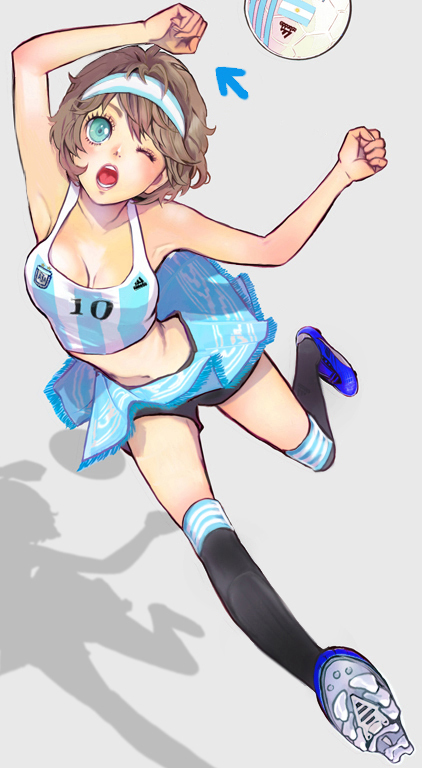1girl, adidas, aqua_eyes, argentina, armpits, asociacion_de_futbol_argentina, ball, black_kneehighs