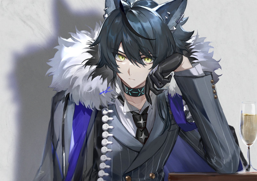1boy, animal_ears, arknights, arm_support, arm_up, black_gloves, black_hair, black_necktie, black_suit, cloak, collared_shirt, commentary, cup, drinking_glass, ear_piercing, formal, frown, fur-trimmed_cloak, fur_trim, gloves, grey_cloak, highres, hou_(ppo), infection_monitor_(arknights), looking_at_viewer, male_focus, necktie, piercing, pinstripe_pattern, pinstripe_suit, profile, shirt, sidelocks, solo, striped, suit, symbol-only_commentary, undershirt, upper_body, vigil_(arknights), white_shirt, wine_glass, wolf_boy, wolf_ears, yellow_eyes