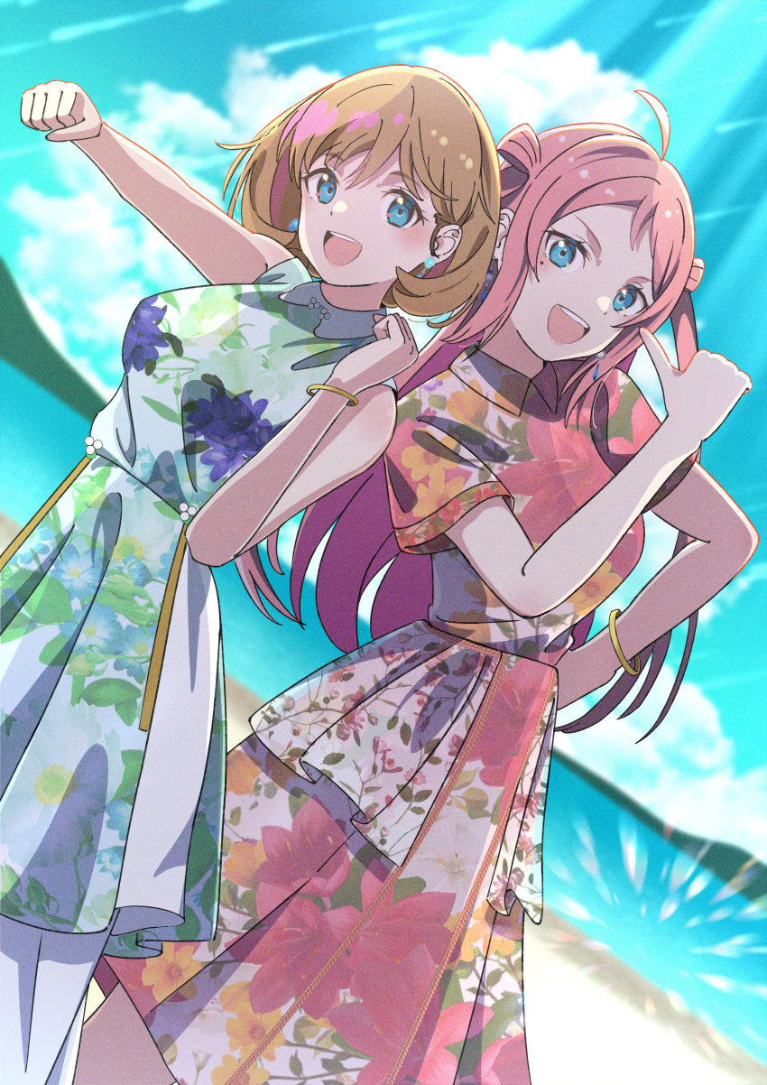 2girls, absurdres, ahoge, beach, blue_eyes, blue_sky, breasts, collared_dress