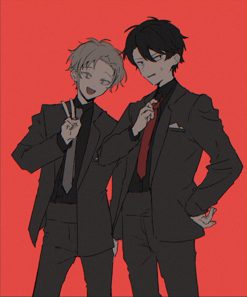 2boys, :d, adjusting_clothes, adjusting_necktie, arm_at_side, black_eyes, black_hair, black_shirt