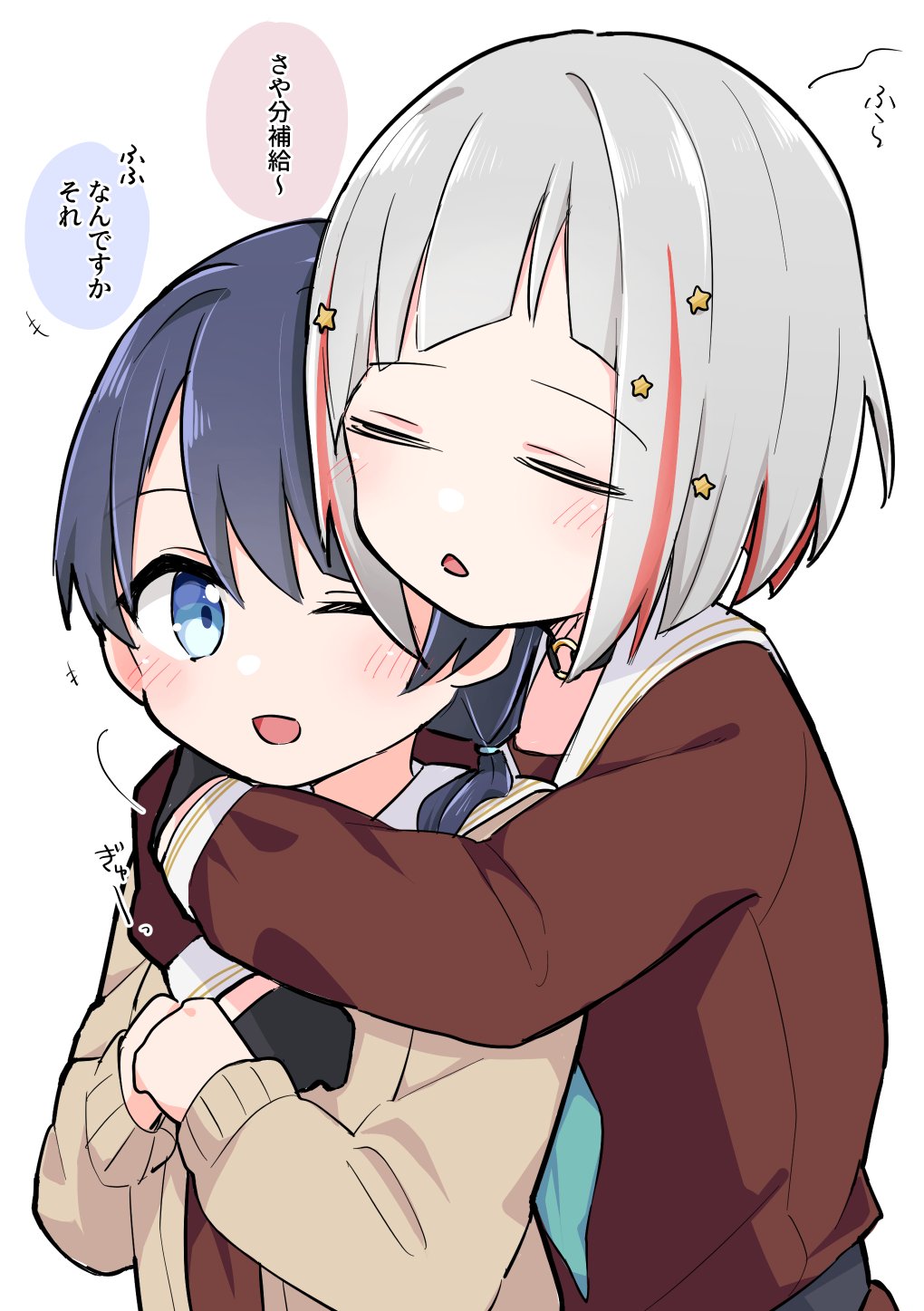 2girls, aqua_neckerchief, asymmetrical_bangs, black_choker, black_gloves, blue_eyes, blue_hair, blush