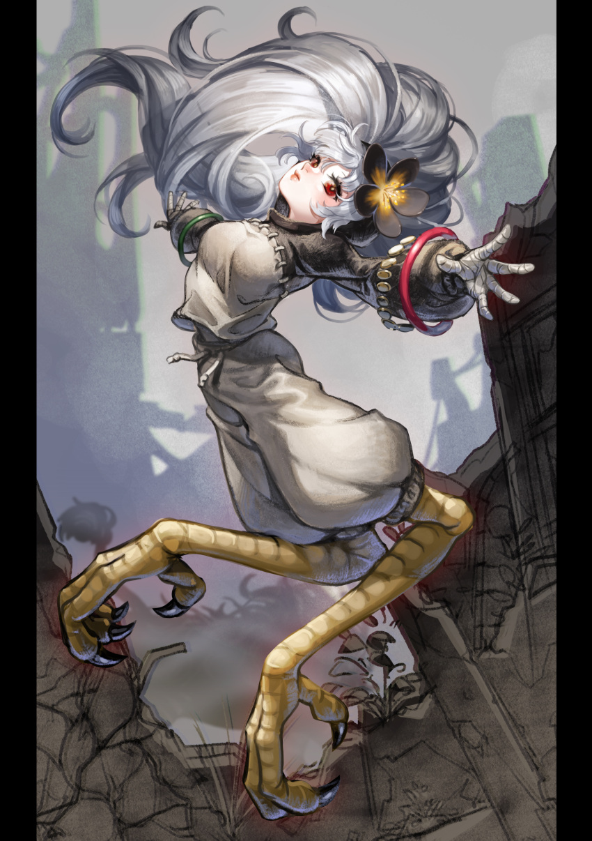 1girl, absurdres, animal, animal_feet, baggy_pants, bangle, bird_legs, black_flower