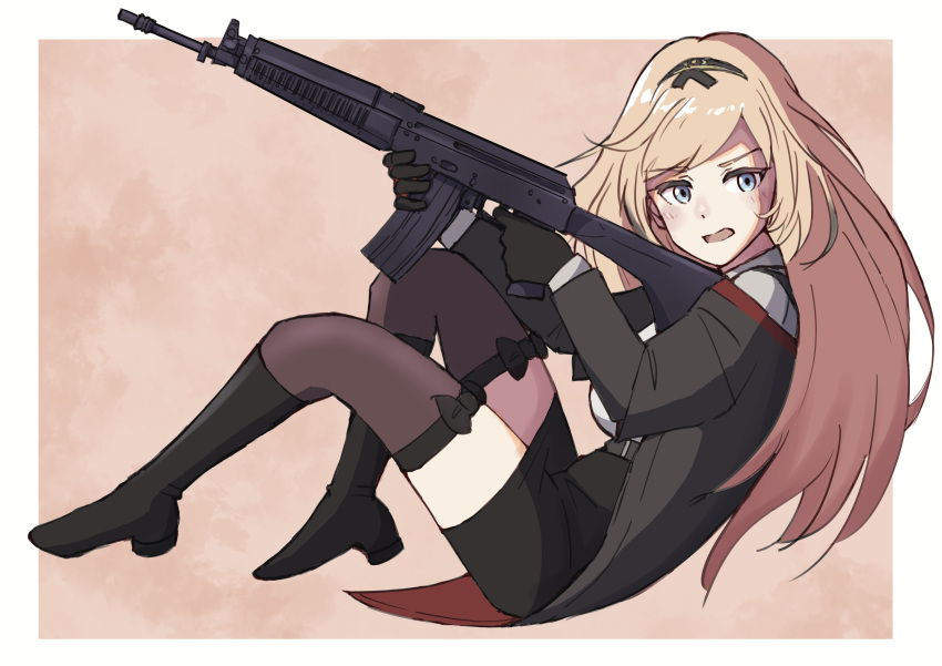 1girl, absurdres, black_bow, black_footwear, black_gloves, black_jacket, black_skirt, blonde_hair