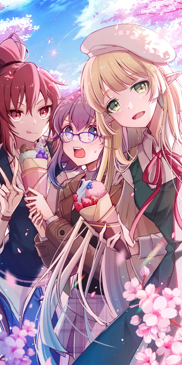 3girls, alternate_costume, arme_glenstid, beret, blonde_hair, blue_pants, blue_sky, blush