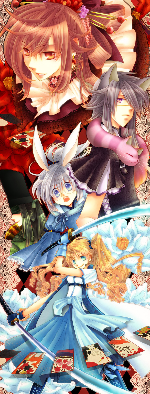 alice_in_wonderland, animal_ears, ascendancy, bad_id, blindfold, blonde_hair, blue_eyes, brown_hair, bunny_ears, card, cat_ears, cheshire_cat, dual_wielding, floating_card, flower, genderswap, glasses, gloves, green_hair, grey_hair, hair_flower, hair_ornament, hairpin, hanafuda, hat, highres, katana, long_hair, mad_hatter, mole, orange_eyes, original, personification, ponytail, purple_eyes, queen_of_hearts, rabbit_ears, silver_hair, sword, twintails, violet_eyes, weapon, white_rabbit
