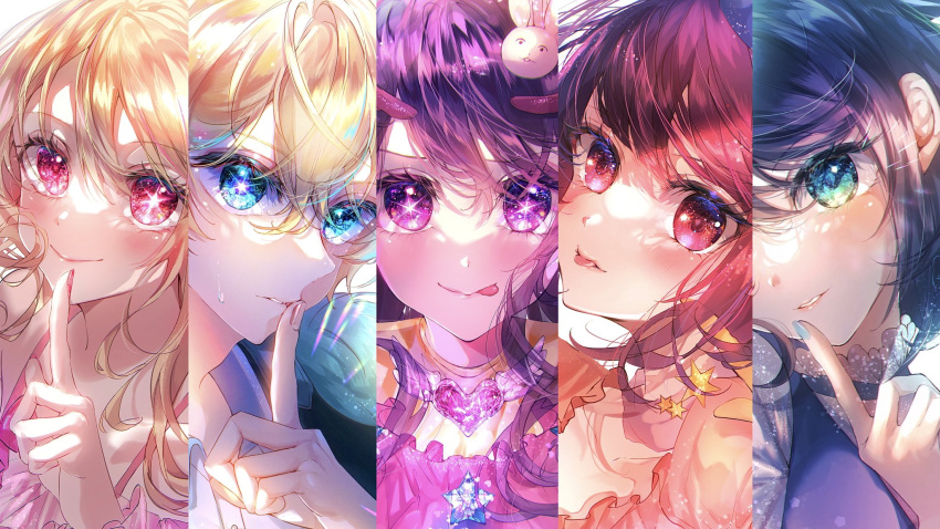 1boy, 4girls, :p, arima_kana, blush, column_lineup, finger_to_mouth, fingernails