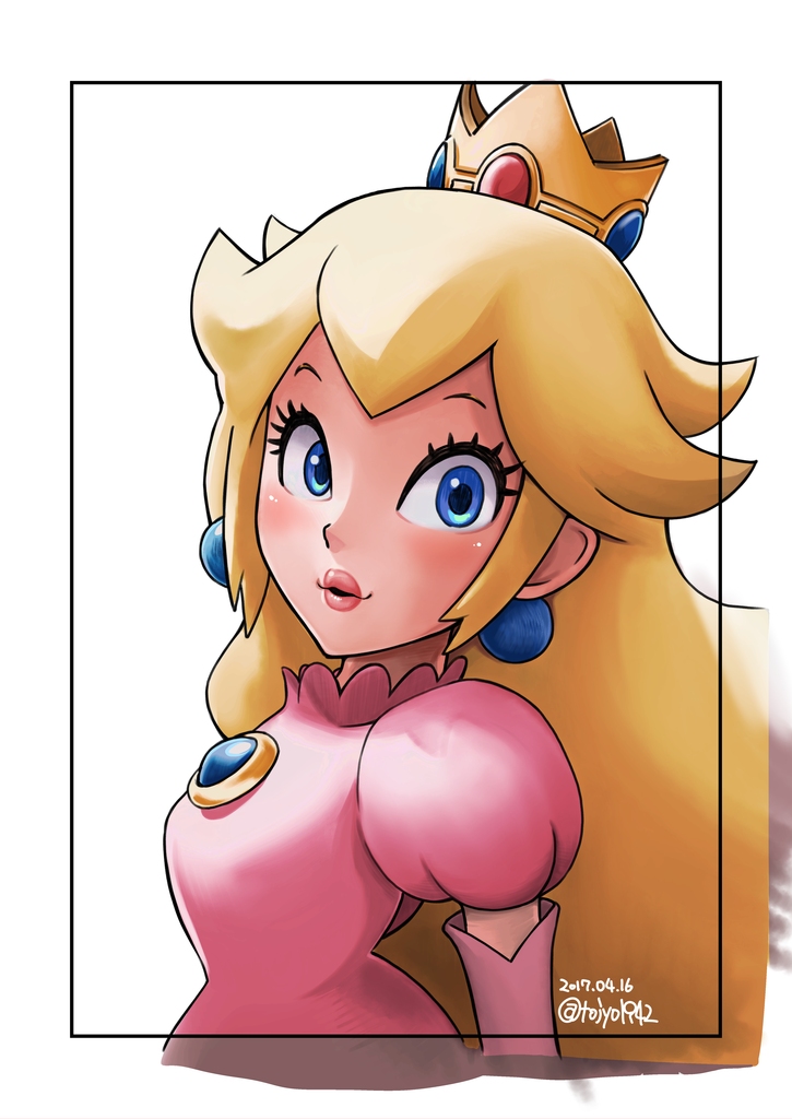 1girl, aku_tojyo, blonde_hair, blue_eyes, blush, border, brooch, crown, dated, dress, earrings, elbow_gloves, gloves, jewelry, lipstick, long_hair, makeup, parted_lips, pink_dress, princess, princess_peach, puffy_short_sleeves, puffy_sleeves, short_sleeves, signature, solo, super_mario_bros., unfinished, very_long_hair, white_background
