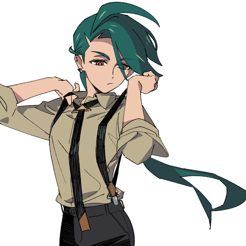 1girl, ahoge, black_necktie, black_pants, bright_pupils, brown_eyes, closed_mouth, collared_shirt