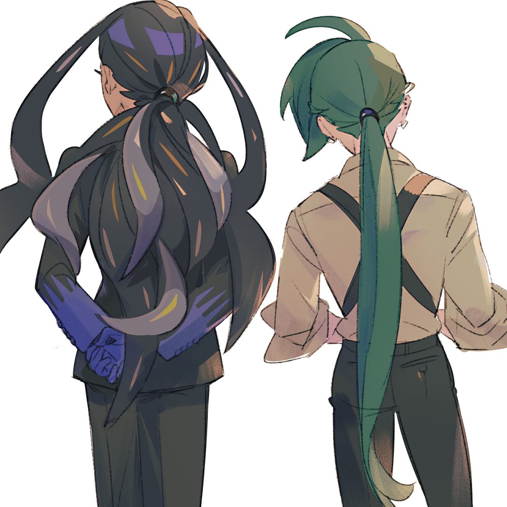 2girls, ahoge, black_hair, black_jacket, black_pants, buttons, dark-skinned_female, dark_skin