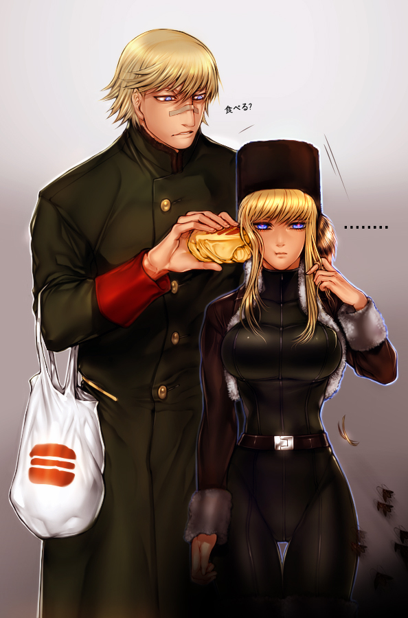 bag, bandages, belt, blonde_hair, blue_eyes, bodysuit, breasts, character_request