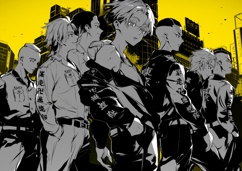 6+boys, absurdres, belt, bmw_(man24), braid, closed_mouth, earrings, greyscale_with_colored_background