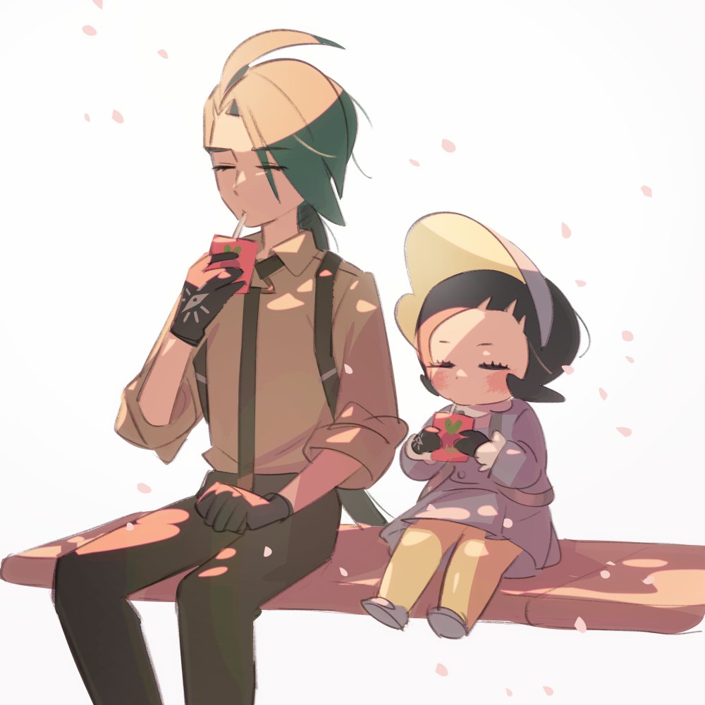 2girls, ahoge, apple_juice, applin, bench, black_gloves, black_hair, blunt_bangs