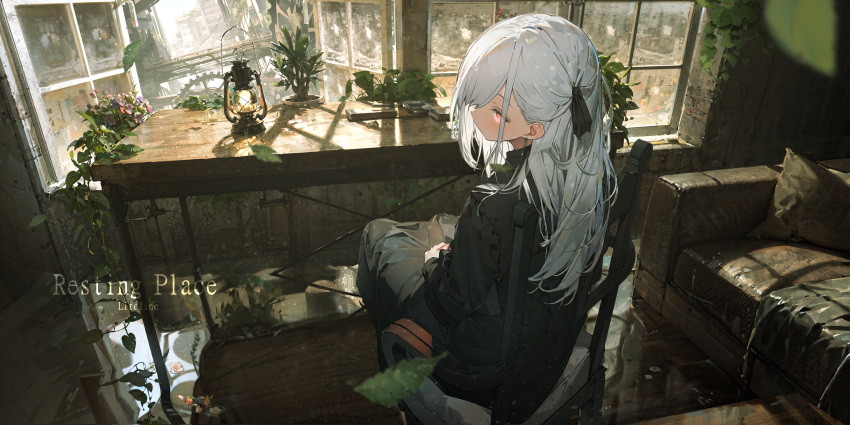 1girl, abandoned, absurdres, black_dress, blush, chair, city, closed_mouth