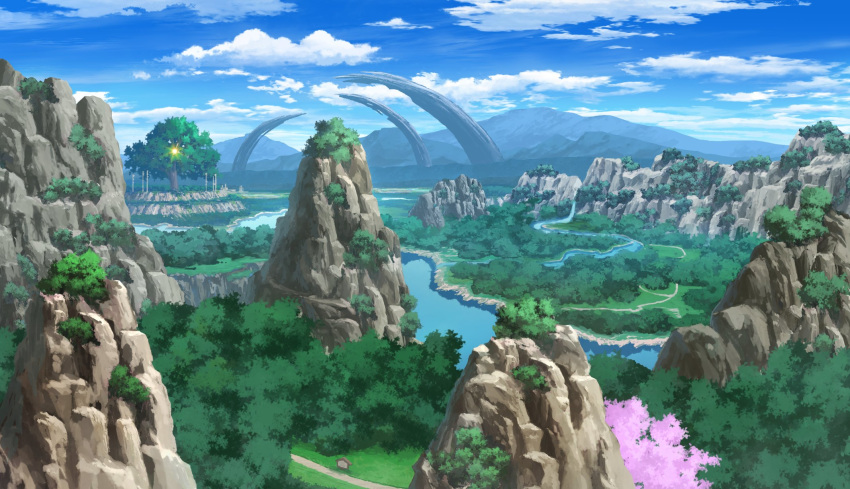 blue_sky, building, bush, cherry_blossoms, clouds, cloudy_sky, highres, hill, landscape, mountain, mountainous_horizon, no_humans, original, path, plant, plateau, river, riverbank, scenery, sign, sky, tree, water, waterfall, watermark, yu02257951