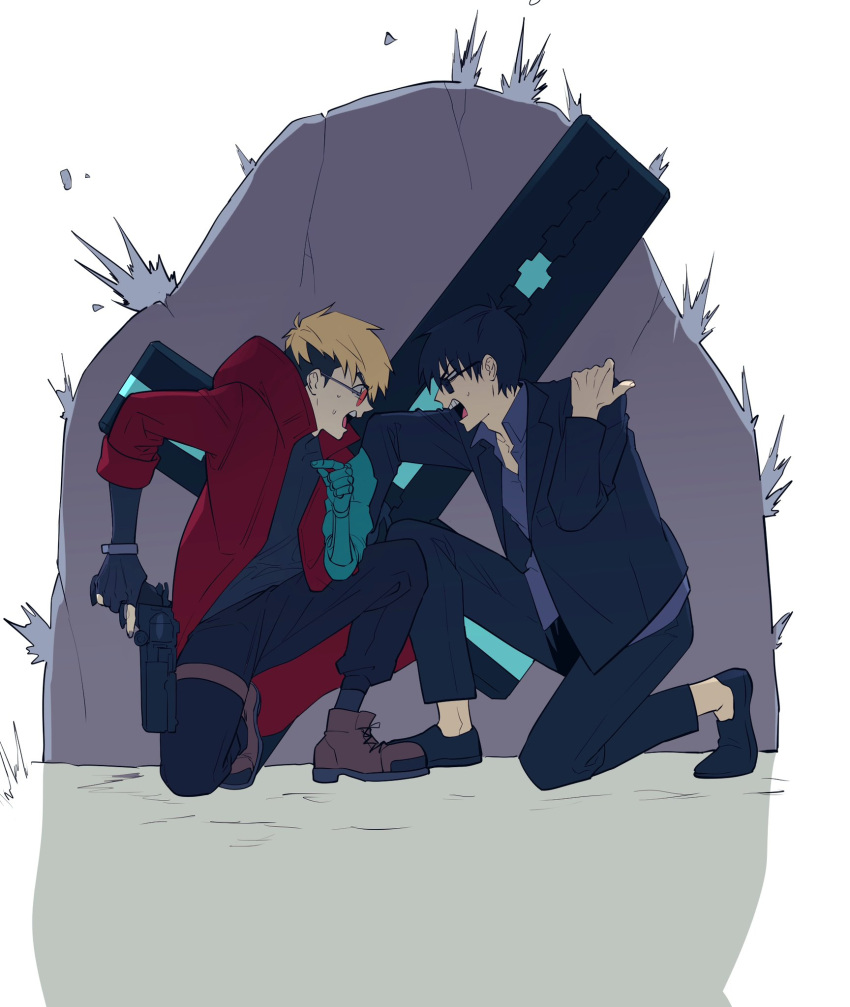 2boys, black_footwear, black_hair, black_jacket, black_pants, black_shirt, blonde_hair, brown_footwear