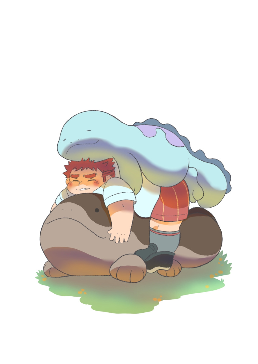 1boy, black_eyes, black_footwear, blush, clodsire, closed_eyes, crossover, grey_socks, highres, hug, kusarikake, male_focus, nostrils, plump, pokemon, pokemon_(creature), quagsire, red_shorts, redhead, shirt, short_hair, short_sleeves, shorts, socks, solid_circle_eyes, spiky_hair, stack, striped, striped_shorts, thick_eyebrows, tokyo_afterschool_summoners, vertical-striped_shorts, vertical_stripes, white_shirt, yakushimaru_ryota