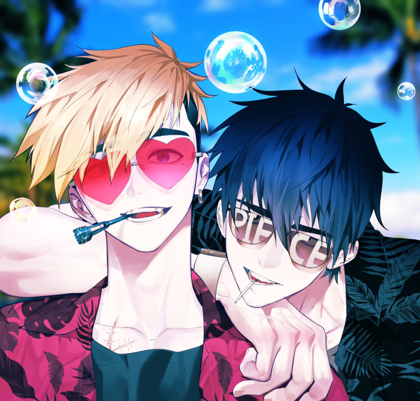 2boys, black_hair, black_shirt, blonde_hair, bubble, collarbone, collared_shirt, day