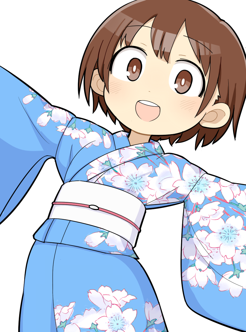 1girl, blue_kimono, blush, boku_no_kokoro_no_yabai_yatsu, brown_eyes, brown_hair, commentary_request, cowboy_shot, floral_print, hospital_king, japanese_clothes, kimono, kobayashi_chihiro_(bokuyaba), looking_at_viewer, medium_bangs, obi, open_mouth, outstretched_arms, print_kimono, round_teeth, sash, short_hair, simple_background, smile, solo, spread_arms, teeth, upper_teeth_only, white_background, white_sash