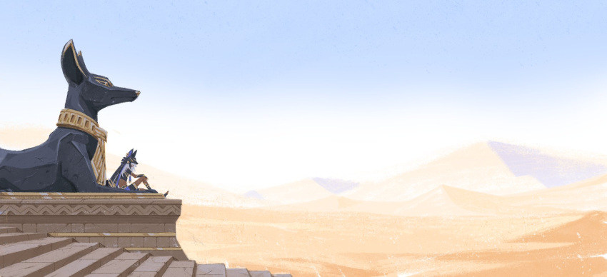 1boy, animal_hat, black_headwear, blue_sky, cyno_(genshin_impact), dark-skinned_male, dark_skin, day, desert, egyptian, egyptian_clothes, from_side, genshin_impact, hat, highres, karki_art, long_hair, male_focus, outdoors, sand, scenery, sitting, sky, solo, stairs, statue, white_hair