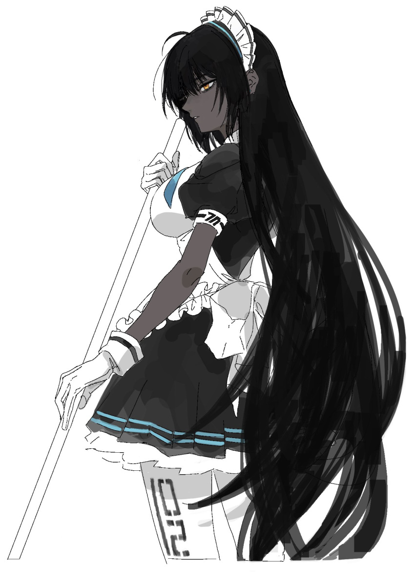 1girl, apron, black_dress, black_hair, blue_archive, breasts, dark-skinned_female, dark_skin, dress, frilled_apron, frills, gloves, hair_between_eyes, highres, holding, karin_(blue_archive), kawatiw, large_breasts, long_hair, maid, maid_headdress, orange_eyes, pantyhose, parted_lips, profile, puffy_short_sleeves, puffy_sleeves, short_sleeves, simple_background, solo, very_long_hair, white_apron, white_background, white_gloves, white_pantyhose