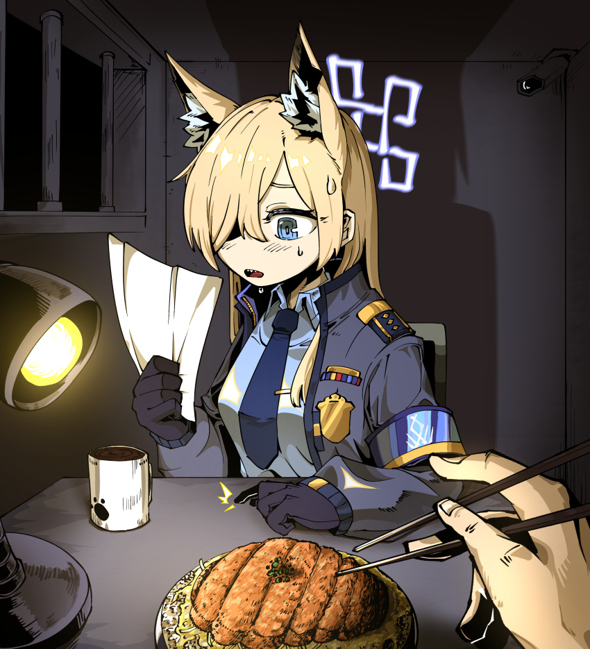 1girl, 1other, absurdres, animal_ear_fluff, animal_ears, armband, black_gloves, blonde_hair