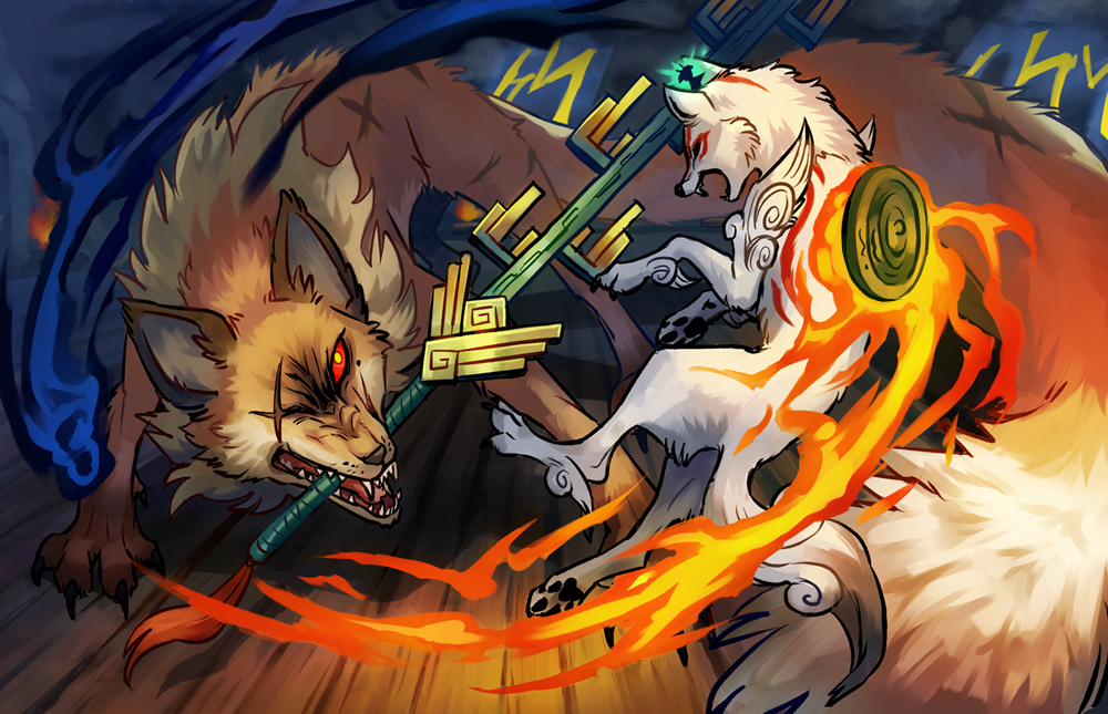 amaterasu_(ookami), animal_focus, black_eyes, blue_fire, brown_fur, claws, colored_sclera, facial_mark