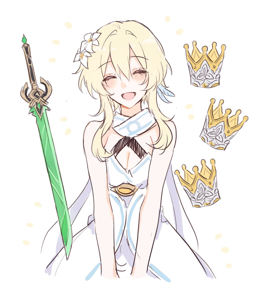 1girl, bare_shoulders, blonde_hair, blush, breasts, closed_eyes, crown, dress